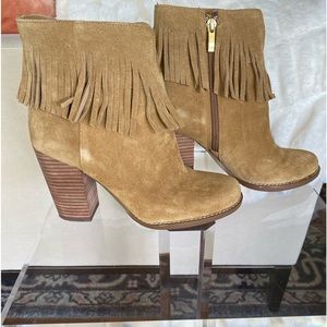 Neiman Marcus Tan Fringe Bootie